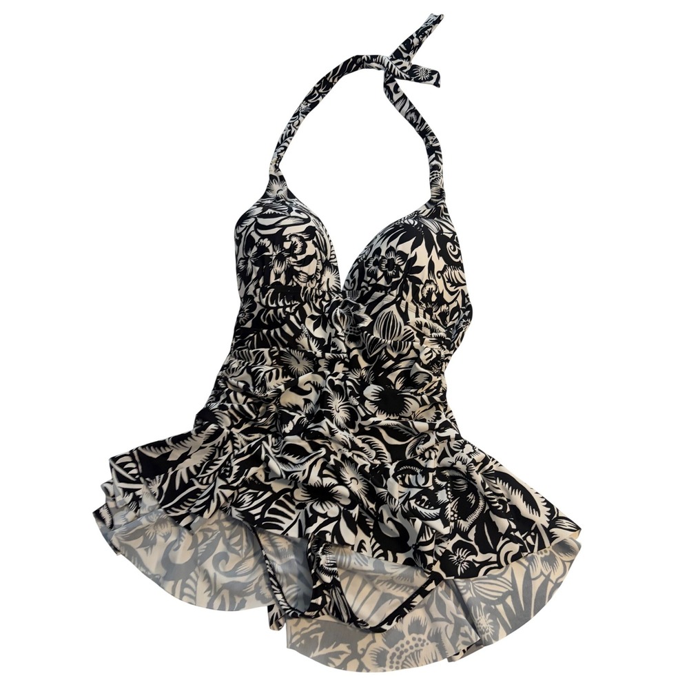 Chaps Swimdress Tropical Floral Black White Halter Ruffle Swimsuit 16